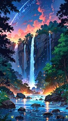 Fototapeta premium Waterfall in the forest at night. Vector illustration in cartoon style