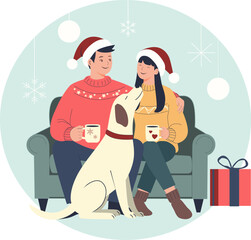 Flat illustration of the atmosphere of family celebrating New Year and Christmas. Isolated couple sits on a sofa in Santa Claus hats with a cup of tea and gifts. A happy dog ​​sits next to them