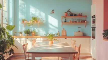 Empty dining table in a modern kitchen with pastel-colored furniture, contemporary design, open and bright space
