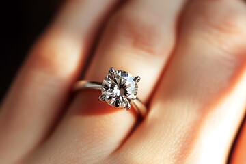 Obraz premium Dazzling Diamond Solitaire Ring Adorning Hand in Warm Light