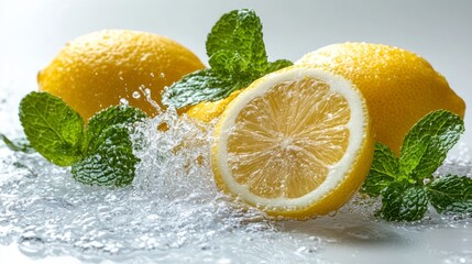 Fresh lemons with mint splashing in water, highlighting freshness and vitality.