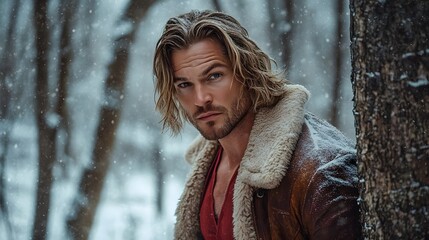Rugged man in winter scene with shoulder-length hair