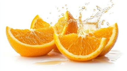 Fresh orange slices with juice splashing, showcasing vibrant colors and freshness.