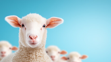 Fototapeta premium A close-up view of a sheep with a blue background, highlighting its features and expression