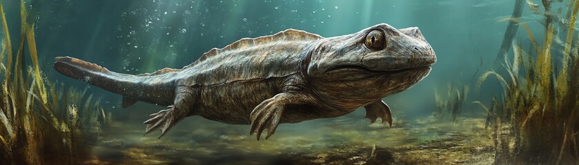 Fototapeta premium A prehistoric aquatic creature swimming underwater, showcasing ancient reptilian features and a serene ocean ambiance.