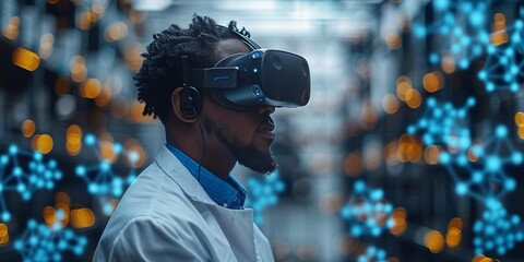 Scientist wearing virtual reality headset analyzing molecular structures in a futuristic lab