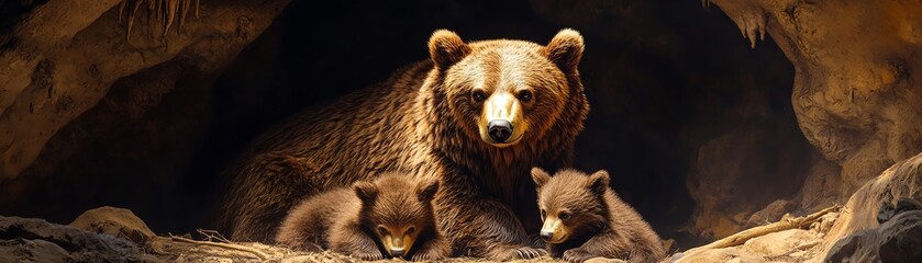 Obraz premium A majestic brown bear with two adorable cubs in a cozy cave setting, showcasing wild nature and family bonds in their natural habitat.