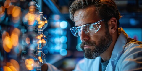 Male scientist analyzing data on advanced technology screen in a high-tech laboratory