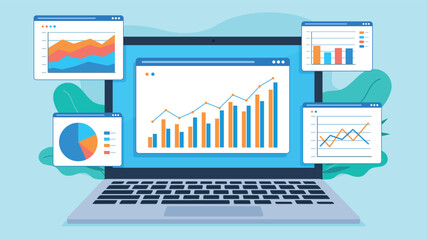 Vector graphic shows a laptop displaying various data charts and graphs, including bar, line, pie, and area charts. The charts represent data analysis, with green leaves in the background