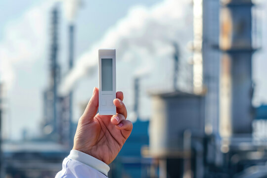 Air quality assessment near city plant. Air quality check monitor with blank display for text in hand against blurred background of smoking factory chimneys