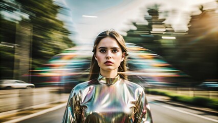 Fototapeta premium Futuristic woman. Motion wave effect on city background. Blur urban transport movement. Abstract road with fast car and speed train. Girl on highway drive. Street traffic light.