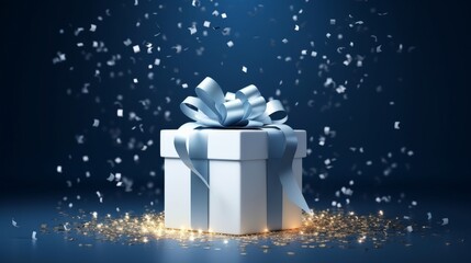 A celebratory white gift box with a luxurious blue ribbon and sparkling confetti against a dark blue background