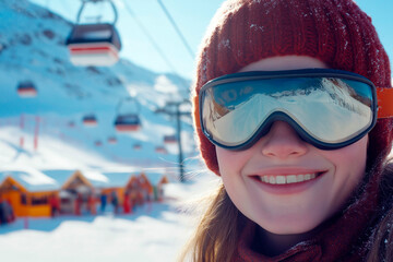 Smiling woman in ski goggles and beanie standing at a snowy mountain resort with a ski lift in the background on a sunny winter day
