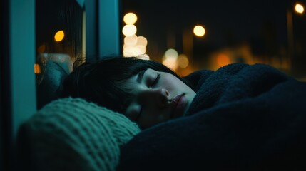 Young Person Sleeping on a Bus at Night