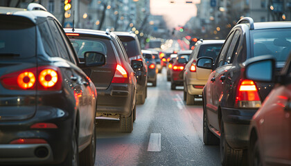Fototapeta premium Cars in traffic jam on city street
