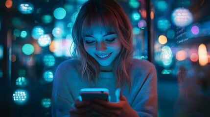 Smiling woman looking at her phone under neon lights