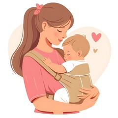 Flat style illustration of a baby nestled in a carrier on mom’s chest. Perfect for family and parenting-related designs. Warm and nurturing composition, ideal for showcasing mother-child bonding and
