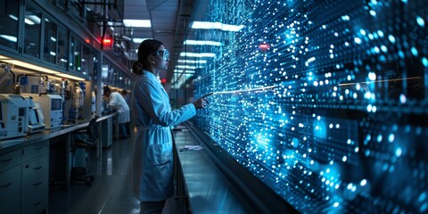 Scientist interacting with a large digital interface in a futuristic high-tech laboratory