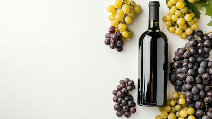 Fototapeta premium Red wine bottle and grapes, alcohol drink on white background with copy space