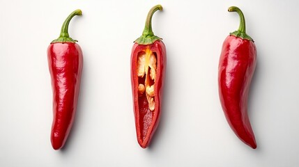 Three red chili peppers, one halved to reveal seeds and interior.