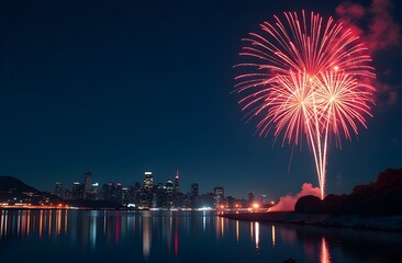 Fireworks over the river and the city. New year fireworks over city background.