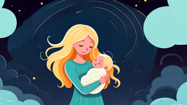 A woman is holding a baby in her arms. The baby is surrounded by stars and clouds. The scene is peaceful and calming, with the woman and baby being the main focus