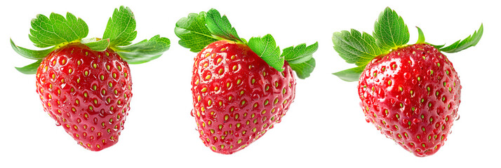 A fresh and juicy strawberry with green leaves isolated on a white transparent background