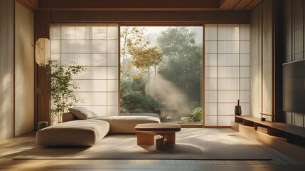 Fototapeta premium Japandi minimalist living room embracing simplicity and elegance