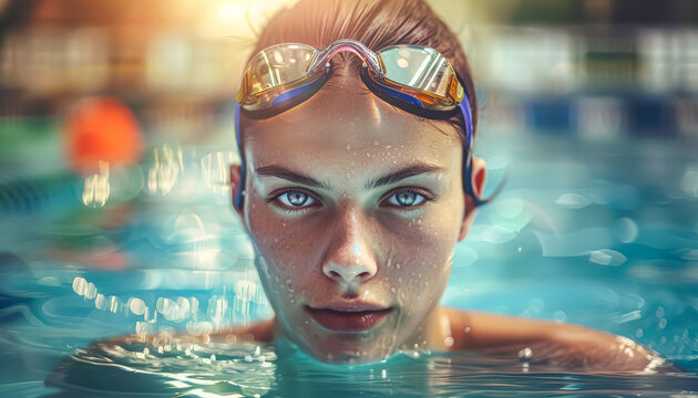 Woman with green eyes and a pockmarked face is standing in a pool. The water droplets on her face create a blurry effect, giving the image a dreamy, ethereal quality