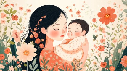 Mother and child in a loving embrace, celebrating Mother's Day with a vibrant, cheerful background. Vector illustration