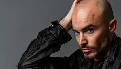 Obraz premium Man with a shaved head and a beard is wearing a black jacket and shirt. He is looking at the camera with a serious expression