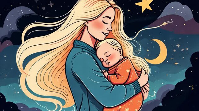 A woman is holding a baby in her arms. The baby is sleeping and the woman is smiling. The image has a peaceful and loving mood