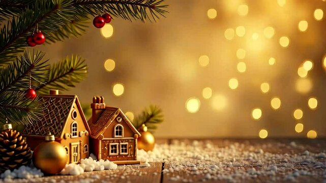 Christmas card on a gold background of fir branches,Christmas balls,gingerbread houses, Santa and teddy bears on a gold background. Sparkling bokeh. Free space for text