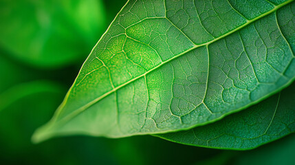 The photo shows a green leaf up close. You can see the leaf's veins clearly. The details of the leaf and its bright green color are beautiful, showing how amazing nature is.