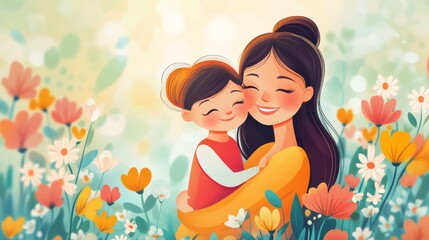 Mother and child in a loving embrace, celebrating Mother's Day with a vibrant, cheerful background. Vector illustration