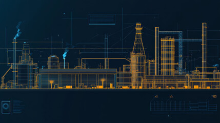 This design uses thin lines to illustrate a factory and its energy sources.  It's perfect for a brochure, report, or cover about energy production and heavy industry.