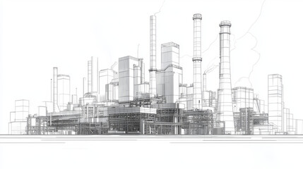 This design uses thin lines to illustrate a factory and its energy sources.  It's perfect for a brochure, report, or cover about energy production and heavy industry.