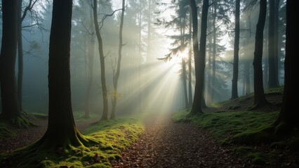 Naklejka premium Morning Sunlight Through Misty Forest Trees