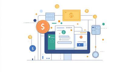 This illustration shows a digital money transfer happening online. It uses a modern design style with wireframe lines and colorful shapes.