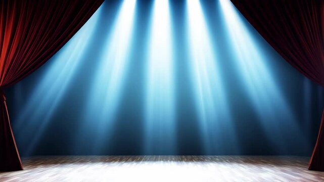 The stage is empty and the red curtain is open, revealing a blank stage. The curtains are red and the lighting is dim, creating a dramatic atmosphere