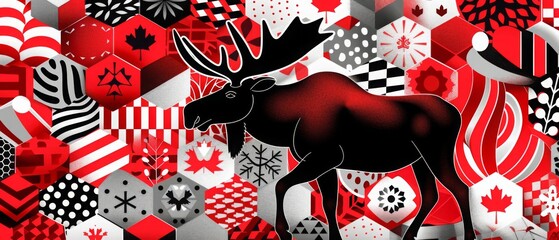 Obraz premium Canada banner featuring hexagons, circles, and maple leaves in the national colors of red and white.a background that highlights the heritage of Canada with elements of moose and the Canadian flag. 