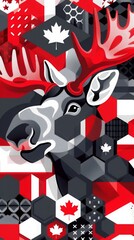 Obraz premium Canada banner featuring hexagons, circles, and maple leaves in the national colors of red and white.a background that highlights the heritage of Canada with elements of moose and the Canadian flag. 