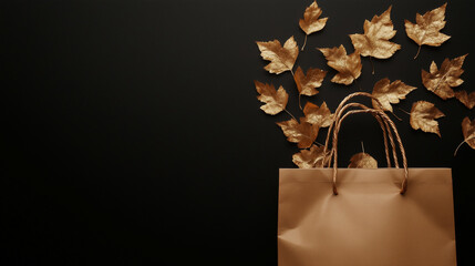 A shopping bag lying flat with golden leaves cascading across the surface. Black background, copy space