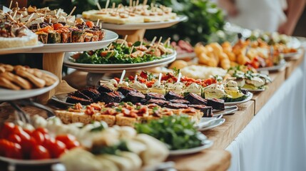 Fototapeta premium Elegantly styled banquet catering table including an array of delectable appetizers, canapes, salads, and delicatessen items for a corporate birthday party or wedding celebration.
