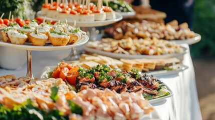 Obraz premium Elegantly styled banquet catering table including an array of delectable appetizers, canapes, salads, and delicatessen items for a corporate birthday party or wedding celebration.
