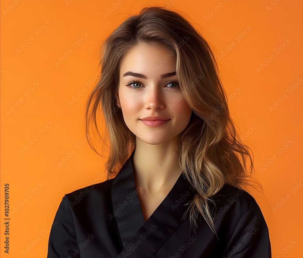 Wall mural european woman master 35 years old, orange background