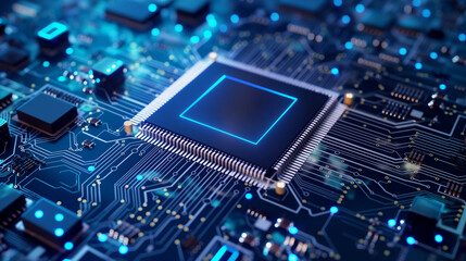 Close-up of a glowing microchip on a blue circuit board