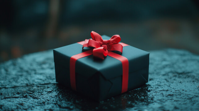 A single black gift box with a bright red bow, symbolizing urgency and great deals. Black Friday concept, copy space