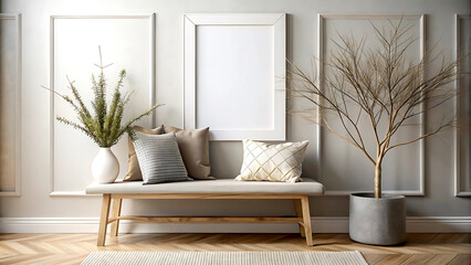 Mock up poster frame in a cozy interior with wooden bench, vase with branch, pillows, and 3D render