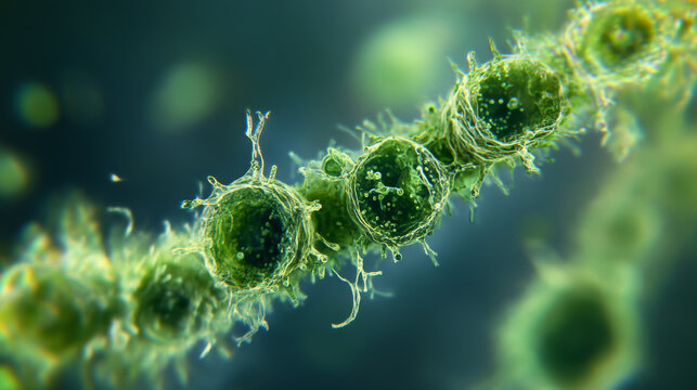 Tiny green algae, possibly Chlamydocapsa, are growing and multiplying in water. This image shows a live cell under a microscope, focusing on its details.